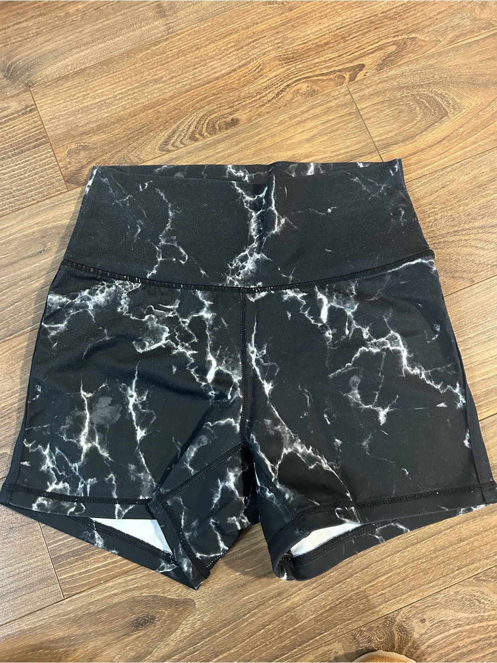 BuffBunny Black and White Marble-Print High-Waist Athletic Shorts